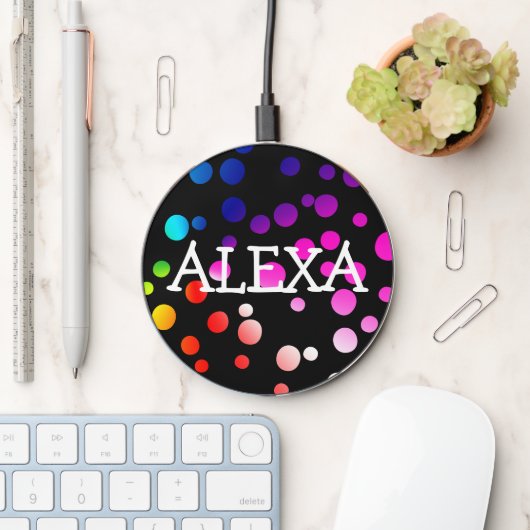 Neon Polka Dots with Name Wireless Charger (Desk)
