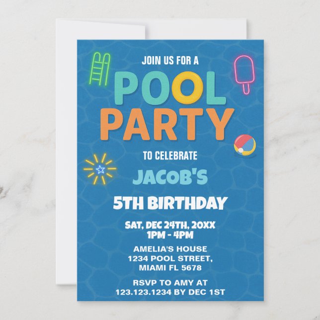 Neon Pool Birthday Bash Invitation (Front)
