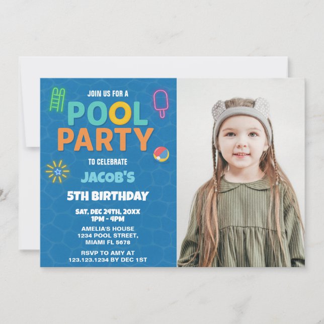 Neon Pool Birthday Bash Invitation with photo (Front)