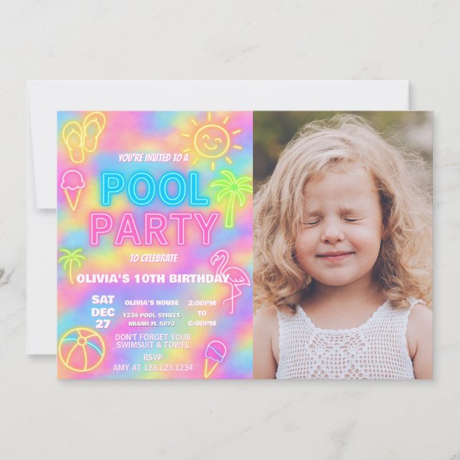 Neon Pool Birthday Party Invitation (Front)