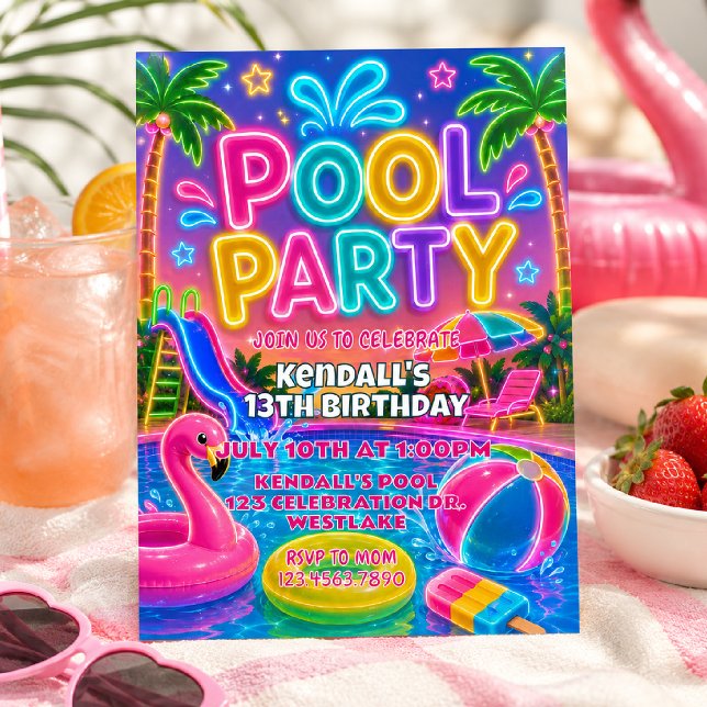 Neon Pool Party Birthday | Glow Summer  Invitation (Creator Uploaded)