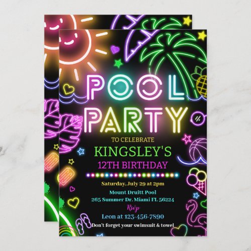 neon pool party birthday invitation