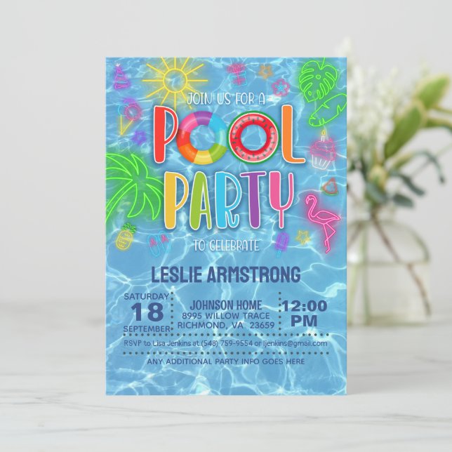 Neon Pool Party Birthday Invitation (Standing Front)