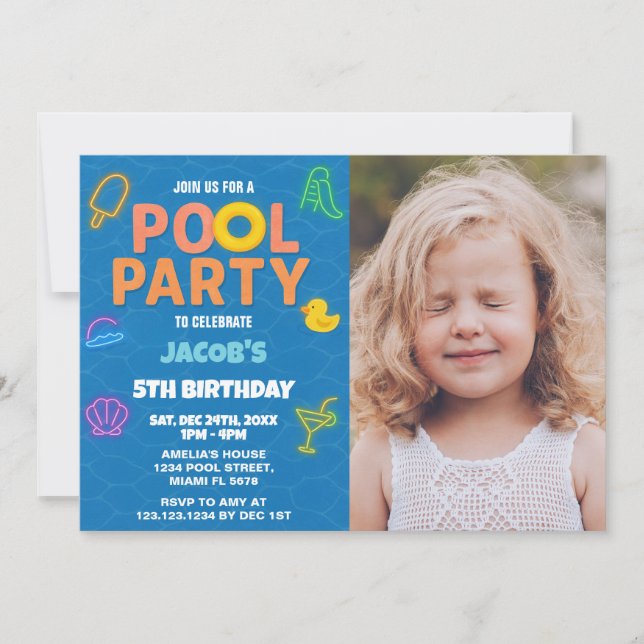 Neon Pool Party Birthday Invitation with photo (Front)