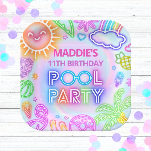 Neon Pool Party Birthday Paper Plates