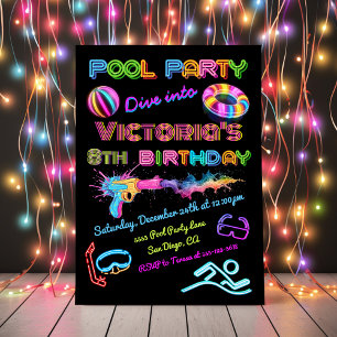 Neon Pool Party Birthday Party Invitation