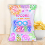 Neon Pool Party Chip Bag Wrapper<br><div class="desc">Add some flair to your snacks with our Pool Party Chip Bag Wrappers! With a vibrant neon design showcasing all the fun elements of a pool party – from a glowing sun and palm tree to pool floats and flamingos – these wrappers are sure to make a splash at your...</div>