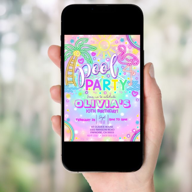 Neon Pool Party Invitation Flamingo Pool (Front Digital)