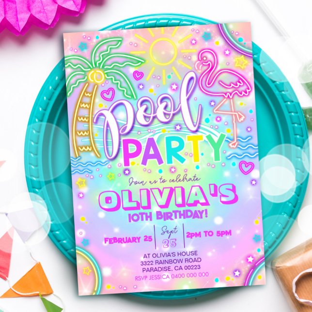 Neon Pool Party Invitation Flamingo Pool (Neon Pool Party Invitation)
