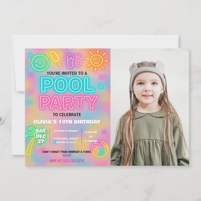 Neon Pool Party Invite for Kids & Teens (Front)