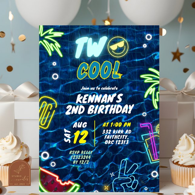 Neon Pool Summer Two Cool 2nd Birthday Invitation (Creator Uploaded)