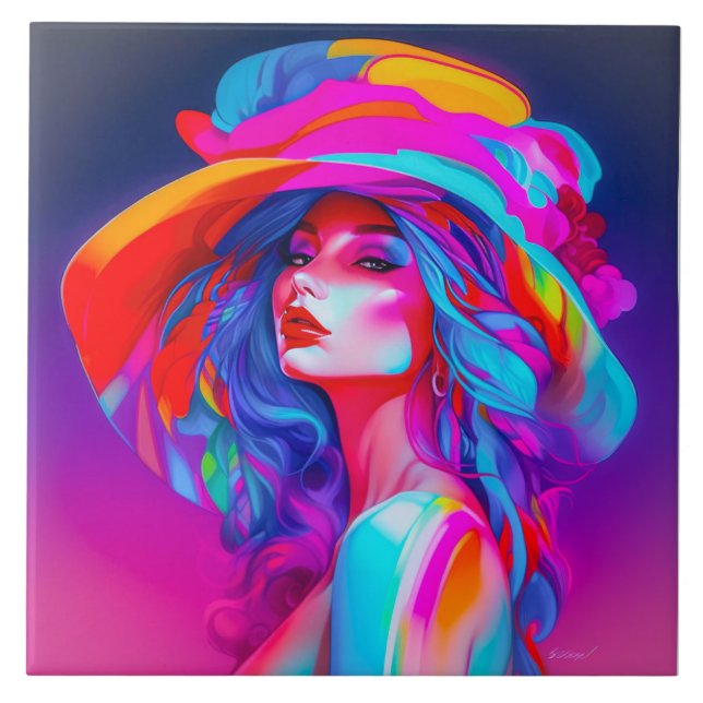 Neon Pop Art Portrait  Ceramic Tile (Front)