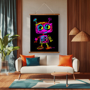 Neon Pop Art Robot: Playful and Futuristic Hanging Tapestry