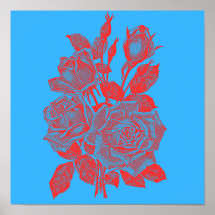 Neon Pop-Art Roses: Vibrant Red Engraving Poster