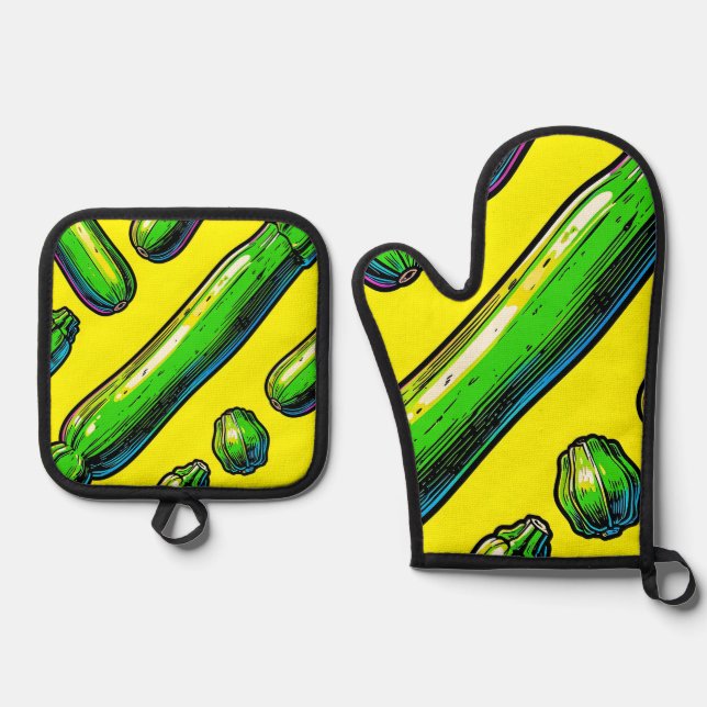 Neon Pop Art Zucchini Pattern Oven Mitt & Pot Holder Set (Front)