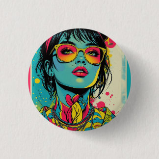 Neon Pop Diva Portrait – Bold & Vibrant Retro Art Button