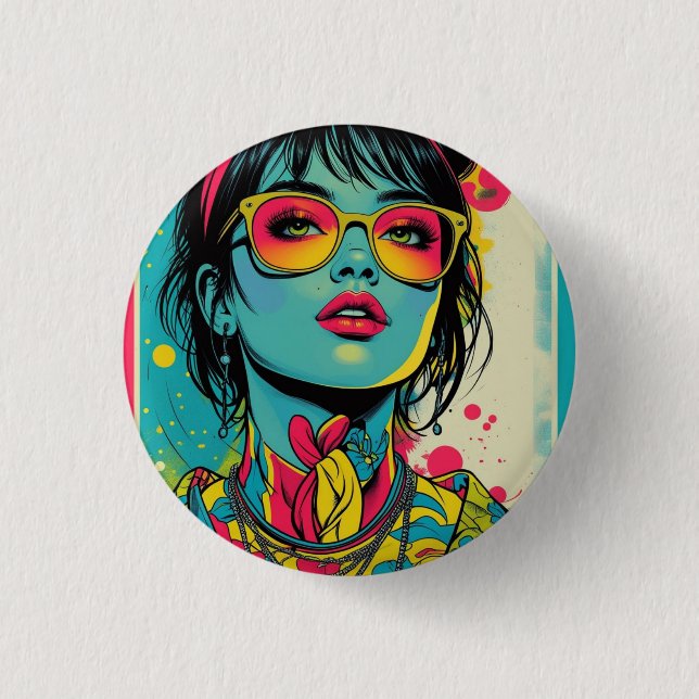 Neon Pop Diva Portrait – Bold & Vibrant Retro Art Button (Front)