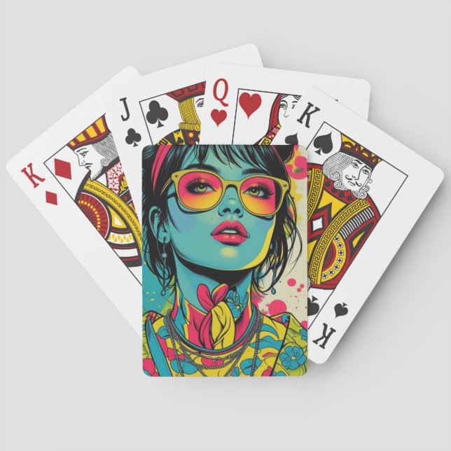 Neon Pop Diva Portrait – Bold & Vibrant Retro Art Poker Cards (Back)