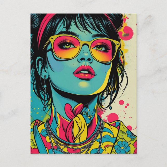 Neon Pop Diva Portrait – Bold & Vibrant Retro Art Postcard (Front)