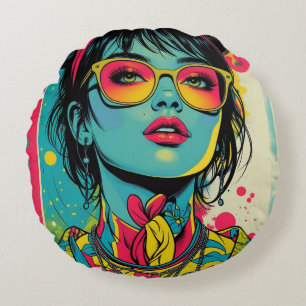 Neon Pop Diva Portrait – Bold & Vibrant Retro Art Round Pillow