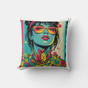 Neon Pop Diva Portrait – Bold & Vibrant Retro Art Throw Pillow