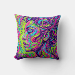 Neon Portrait Throw Pillow - Vibrant Oil Art