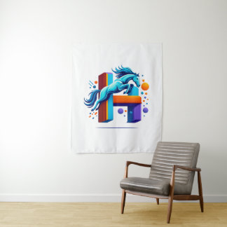 Neon Power Horse Jump Over H Letter Tapestry