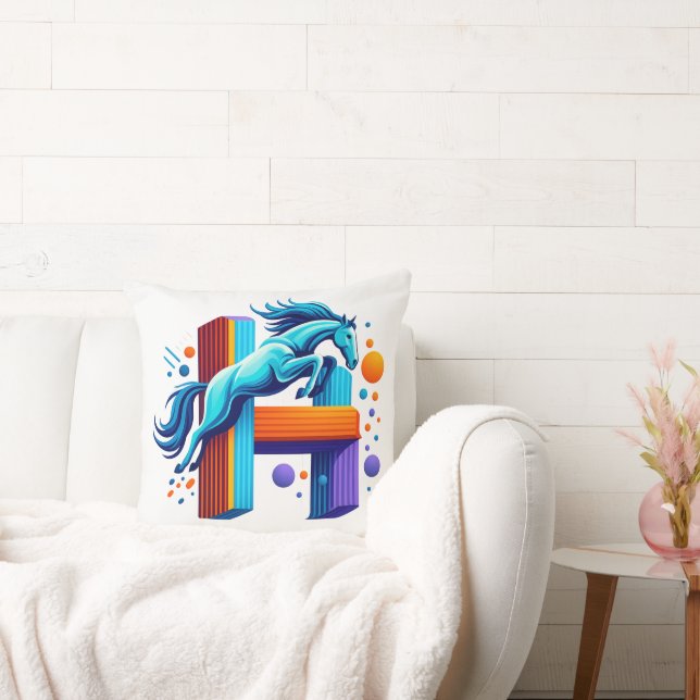 Neon Power Horse Jump Over H Letter Throw Pillow (Couch)
