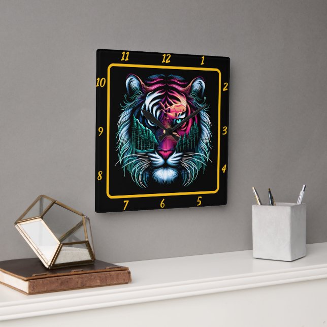 Neon Predator Tiger Artwork Square Wall Clock (Office)