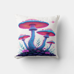 Neon Psychedelic Glow: Mystical Mushrooms Throw Pillow