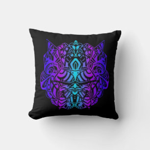 Neon Psytrance Tribal Mask Throw Pillow