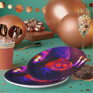 Neon pumpkins paper plates