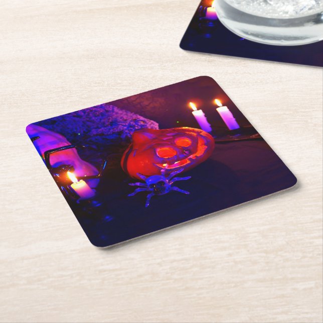 Neon pumpkins square paper coaster (Angled)