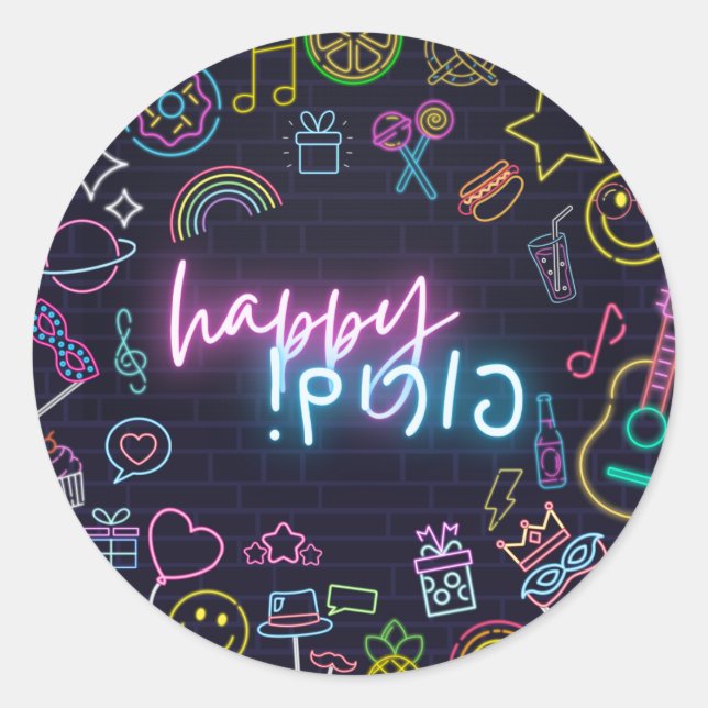 Neon Purim Classic Round Sticker (Front)