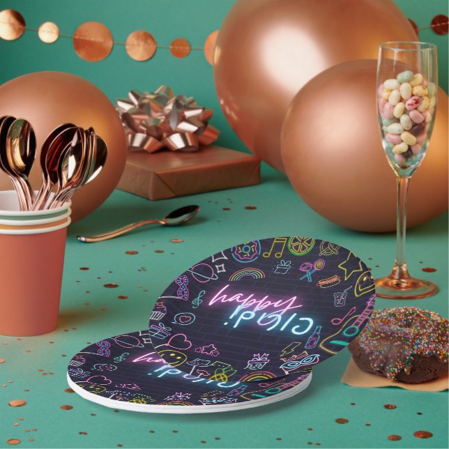 Neon Purim Paper Plates (Multi)