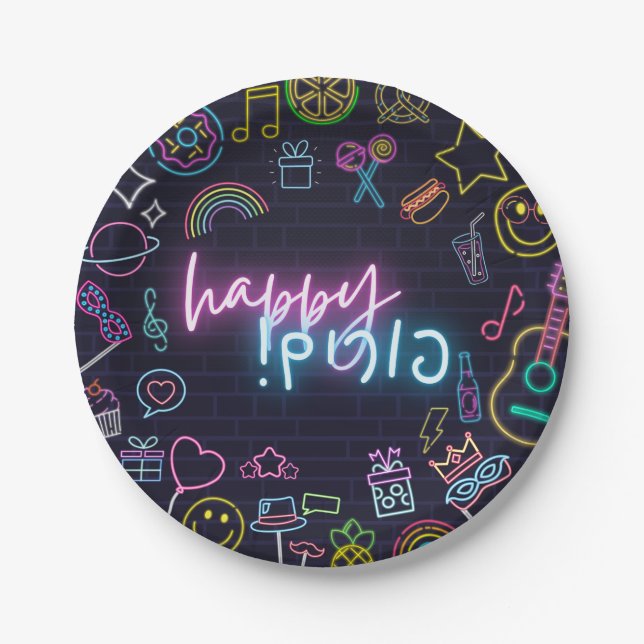 Neon Purim Paper Plates (Front)