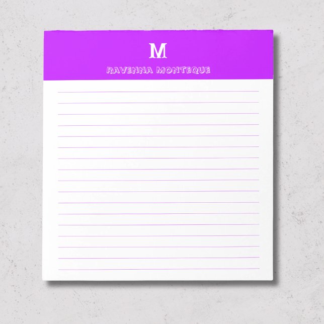 Neon Purple Chic Personalized Monogram Name Lined Notepad (Creator Uploaded)