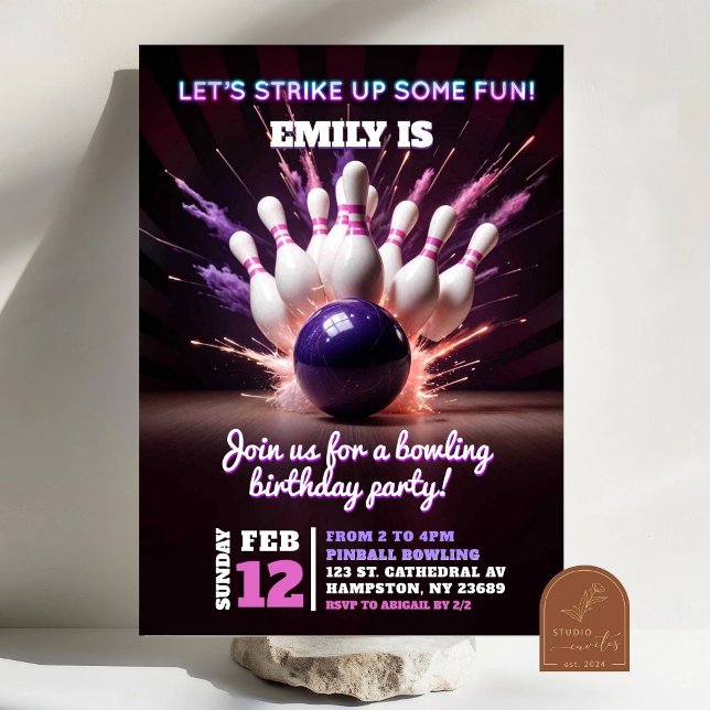 Neon Purple Cosmic Bowling Strike Up Birthday Invitation (Creator Uploaded)