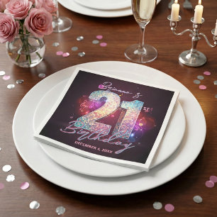 Neon Purple Disco Ball Music Notes 21st Birthday Napkins