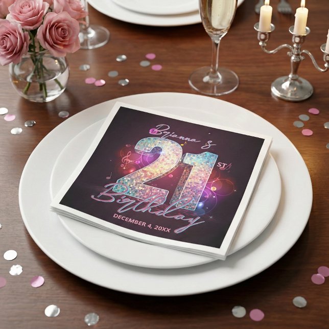 Neon Purple Disco Ball Music Notes 21st Birthday Napkins (Creator Uploaded)