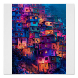 Neon Purple Favela Night Vibrant Hillside Cityscap Poster