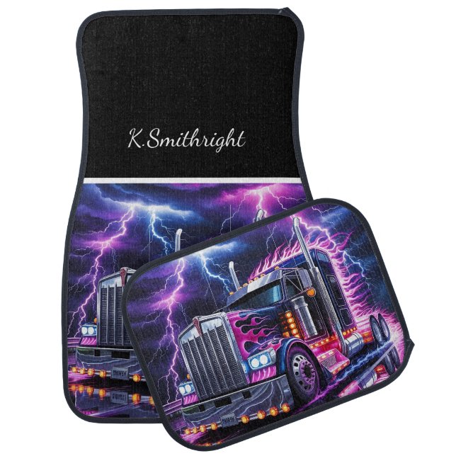 Neon Purple Flame Semi Truck Car Floor Mat (Set)