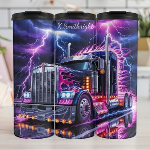 Neon Purple Flame Semi Truck Thermal Tumbler