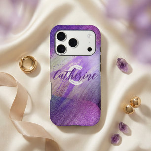 Neon Purple Glitter Abstract Agate Monogram Name iPhone 17 Pro Case