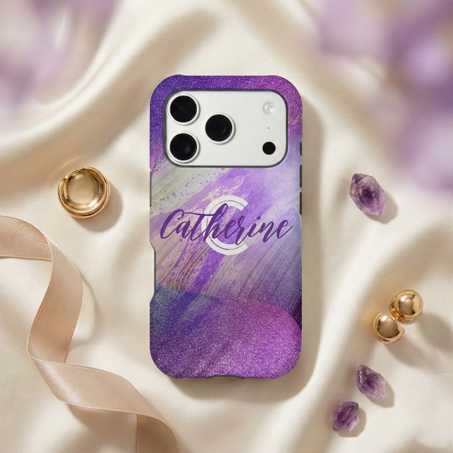 Neon Purple Glitter Abstract Agate Monogram Name Iphone Case (Creator Uploaded)