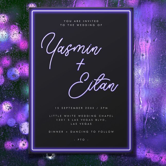 Neon Purple Glow Black Modern Double Sided Wedding Invitation (In Situ)