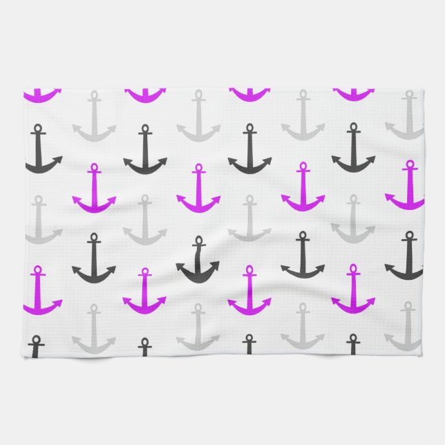 Neon Purple, Gray, Anchors; Nautical Towel (Horizontal)
