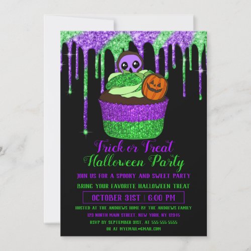 Neon Purple Green Glitter Cupcake Halloween Invitation