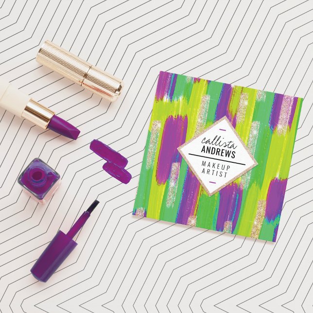 Neon Purple Green Yellow Gold Glitter Paint Makeup Square Business Card (Creator Uploaded)