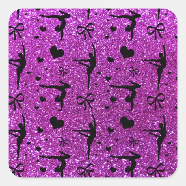 Neon purple gymnastics glitter pattern square sticker (Front)